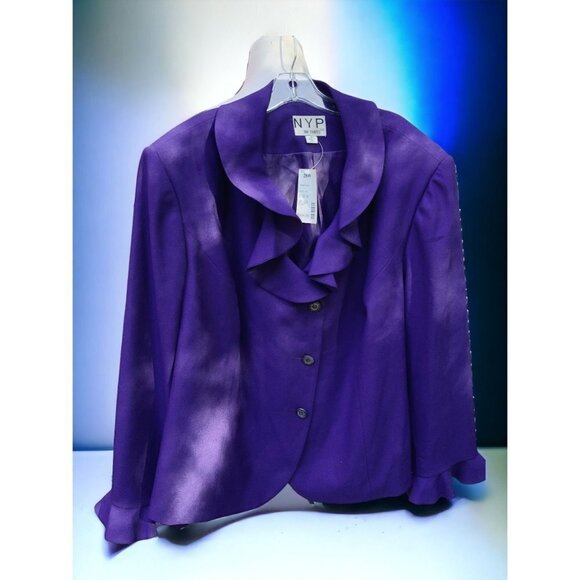 NYP Jackets & Blazers - $168 NEW NYP SUITS SOLID PURPLE RUFFLE FRONT SLEEVE CUFF BUTTON DOWN BLAZER 28W
